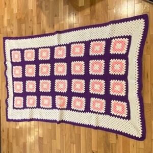Handmade Granny Square Crochet Blanket Throw Purple Pink Cream Cozy Afgan 61x42
